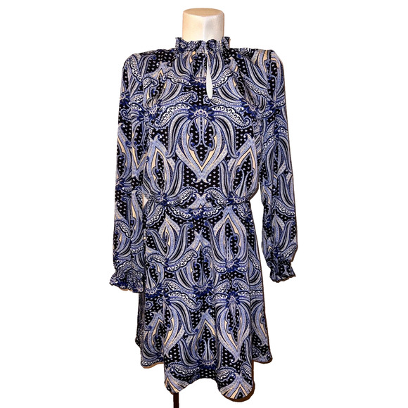 White House Black Market Dresses & Skirts - WHBM White House Black Market Sz S Blue Beige Paisley Blouson LS Dress Whimsical